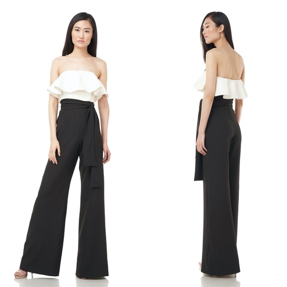 NEW LOVE BY THEIA Black & White STRAPLESS Tie Waist RUFFLE Cocktail JUMPSUIT 12 - Picture 6 of 16